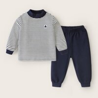 Bộ thun cotton áo kẻ ngang, quần bo gấu cho bé trai, có ảnh thật