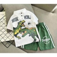 Bộ Thun Polo Bé Trai Khủng Long Jurassic World Trắng TN03254 – Từ 11kg Đến 42kg, Vải Mềm Mát, Co Giãn Tốt