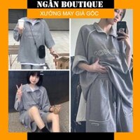 Bộ Thun Polo Chữ NBNO Unisex🌸 Sét Áo Form Rộng Tay Lỡ Kèm Quần Short Đùi Mầu Xám Hàn Quốc- Ngân
