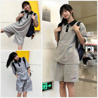 Bộ Thun Polo Chữ Thêu Unisex 🌸 Set bộ đồ nam nữ áo form rộng tay lỡ kèm quần short đùi màu xám kiểu hàn quốc