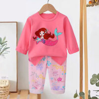Bộ thun tay dài in nàng tiên cá ariel cotton cao cấp mềm mại dày vừa ấm áp cho bé gái
