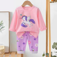 Bộ thun tay dài in ngựa pony tím vải cotton cao cấp mềm mại dày vừa ấm áp cho bé gái