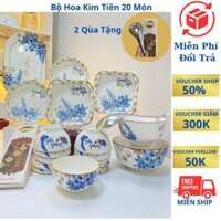 Bộ Tô Bát Chén Đĩa Sứ 20 Chi Tiết Hoa Xanh Dương, Tặng Kèm 1 Muỗng Canh Inox Và 10 Đôi Đũa, bao bù , bể vỡ