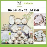 Bộ tô bát chén đĩa sứ 21 chi tiết họa tiết hoa hải đường tráng men cao cấp chịu nhiệt