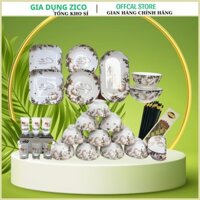 Bộ tô bát chén đĩa sứ 21 chi tiết họa tiết hoa hải đường sang trọng tráng men cao cấp, an toàn với máy rửa bát