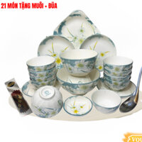 Bộ Tô Chén Bát Đĩa Sứ 21 Món Họa Tiết Hoa Thủy Tiên Tặng Kèm Bộ Đũa Và Muôi Canh Inox M152