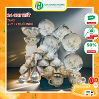 Bộ Tô Chén Bát Đĩa Sứ 24 Món Họa Tiết Hoa Thủy Tiên Tặng Kèm Bộ 4 Cốc Quai Và 2 Muôi Canh Inox M85