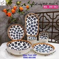 Bộ tô chén đĩa 10 món, mã 260063, vẽ hoa mai, trắng đen, viền giả đan mây, gốm sứ bát tràng, tinh vân