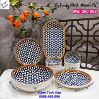 Bộ tô chén đĩa 10 món, mã 260062, vẽ hoa chanh, trắng đen, viền giả đan mây, gốm sứ bát tràng, tinh vân