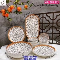 Bộ tô chén đĩa 10 món, mã 260061, vẽ hoa ngàn cánh, trắng đen, viền giả đan mây, gốm sứ bát tràng, tinh vân