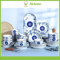 Bộ tô chén đĩa bát 17 chi tiết in hoa văn chữ Phúc 4D gồm 3 to bầu 4 dĩa 10 chén ăn cơm