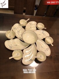 Bộ tô chén đĩa cánh tiên, mã 260171, men kem hoa đào xanh, tô và 6 chén cơm, 6 muỗng, gốm sứ bát tràng cao cấp