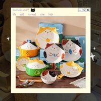 Bộ tô chén dĩa gốm sứ cao cấp họa tiết bé mèo tam thể màu sắc đáng yêu decor ăn uống thích hợp làm quà tặng
