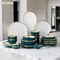 Bộ Tô Chén Đĩa Hàn Quốc Sứ Đẹp Cao Cấp Pearl Emerald Xanh Lục Bảo Lòng Trắng Viền Gold Xanh Cổ Vịt Sang Trọng