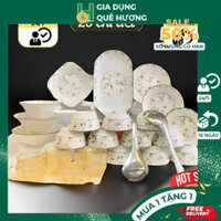 Bộ Tô Chén Đĩa Sứ Ăn Cơm Gồm 26 Sản Phầm Họa Tiết Hoa Sala Tặng Kèm 4 Cốc Quai Và 2 Muôi Canh Inox M76 Cao Cấp