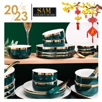 Bộ Tô Chén Dĩa Sứ Tráng Men Cao Cấp Pearl Emerald Viền Gold Xanh Cổ Vịt Sang Trọng