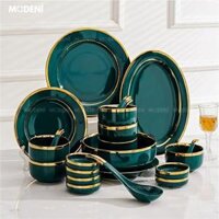 Bộ Tô Chén Đĩa Viền Vàng Nortylis Màu Xanh Emerald Gốm Sứ Cao Cấp Phong Cách Hiện Đại Châu Âu Quà Tặng Tân Gia