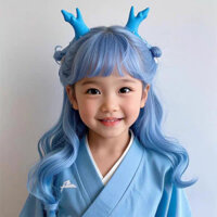 Bộ tóc giả trẻ em cho bé gái cosplay Ao Bing Haze màu xanh, tóc xoăn dài, anime Nezha sóng lớn, bộ tóc giả đầy đủ ngọt ngào [cxy]