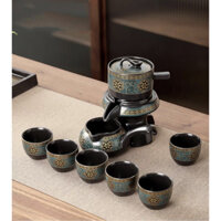 Bộ trà đạo cối xay màu xanh vàng thổ cẩm lòng chén màu trắng, bộ bằng gốm, thiết kế 9 món, có hộp đựng đẹp