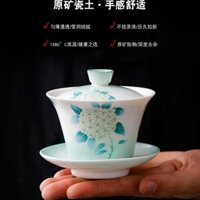 Bộ trà Gaiwan sứ trắng, bộ trà đạo, thêu hoa cẩm tú cầu trắng Ru, gradient cao cấp, trà sứ trắng mờ cao cấp, bộ Gaiwan nhỏ, cảm giác tươi mát, thủ công