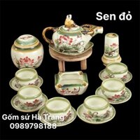 Bộ trà mục đồng chăn trâu gốm sứ Bát Tràng cao cấp vẽ sen đỏ