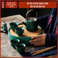 Bộ trà sứ men xanh, cao cấp sang trọng, bao gồm: 1 ấm, 4 chén, khăn lau, gắp trà, khay, Teapet tu sĩ ếch ngồi kiết già
