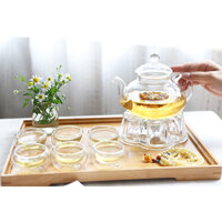 Bộ trà thuỷ tinh chịu nhiệt, bộ ấm trà 6 chén thủy tinh 2 lớp cách nhiệt, có đế nến giữ nhiệt và tặng kèm khay trà