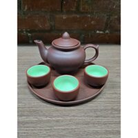 Bộ trà tử sa tam ẩm, màu nâu gồm 01 ấm 320ml + 3 chén (lòng xanh) + 01 khay tử sa 20cm ( không hộp)