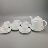 Bộ trà/bộ ấm chén trắng, gồm 01 ấm và 06 chén không quai, hàng bình dân  gốm sứ Bát Tràng