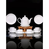 Bộ trà/bộ ấm chén trắng, gồm 01 ấm và 06 chén không quai, hàng bình dân  gốm sứ Bát Tràng