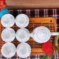 Bộ trà/bộ ấm chén trắng, gồm 01 ấm và 06 chén không quai, hàng bình dân  gốm sứ Bát Tràng