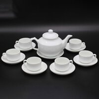 Bộ trà/bộ ấm chén trắng, gồm 01 ấm và 06 chén không quai, hàng bình dân  gốm sứ Bát Tràng