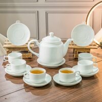 Bộ trà/bộ ấm chén trắng, gồm 01 ấm và 06 chén không quai, hàng bình dân  gốm sứ Bát Tràng