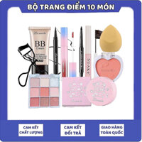 Bộ trang điểm 10món Kem nền, phấn má, phấn mắt, phấn phủ, kẻ mắt, kẻ mày, kẹp mi, chuốt mi, son, bông
