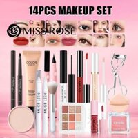 [BỘ TRANG ĐIỂM 14 CÁI] Kem BB + phấn phủ + bảng phấn mắt + Son bóng + Mascara + Kem che khuyết điểm + phấn bắt sáng + phấn má hồng + chì kẻ mày + Bông phấn + Bút kẻ mắt + cọ trang điểm + son bóng + Dụng cụ uốn mi ღ COD Kiểu trang điểm lấp lánh