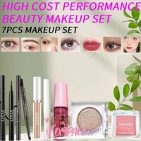 [Bộ trang điểm 7 CÁI] Phấn mắt lấp lánh tuyệt đẹp chống nước FAICCIA + Bút kẻ mắt + Kem che khuyết điểm + Phấn má hồng + Bút chì kẻ mày + Son bóng + Mascara