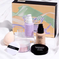 Bộ trang điểm Hanru 4 món gồm kem nền, kem lót, phấn phủ và mút tán