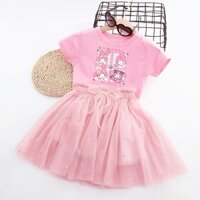 Bộ Trang Phục 2 Mảnh Gồm Áo Thun cotton In Hoạt Hình sanrio Kèm Chân Váy Lưới Đính Kim Sa Cho Bé Gái