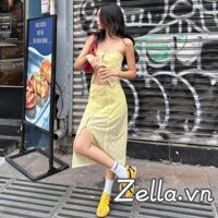 Bộ trang phục 2 món dành cho nữ Áo ống lệch vai mùa hè + Bộ váy xẻ Midi