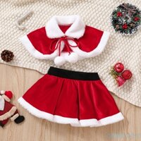 Bộ Trang Phục Giáng Sinh 2 Món Gồm Áo Thun + Chân Váy Lưng Thun + Khăn Choàng Màu Sắc Tương Phản Cho Bé Gái 1-6 Tuổi
