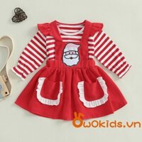 Bộ trang phục Giáng sinh cho bé gái mới biết đi Áo dài tay sọc và Váy treo ông già Noel cho bé Quần áo dễ thương