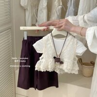 [Bộ trang phục mùa hè] Bộ trang phục mùa hè thoải mái đa năng cho bé gái, bộ trang phục mùa hè cho bé gái, áo vest ren tay ngắn, quần ống rộng, bộ ba món