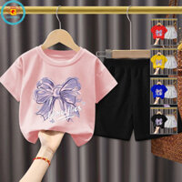 Bộ trang phục mùa hè cho bé gái IQ Angel Bộ áo thun & quần short Cotton có nơ và hoạt hình