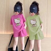 Bộ trang phục mùa hè cho bé gái 2025 bộ hai mảnh hoạt hình thời trang mới Hello Kitty dành cho bộ trang phục thể thao thông thường dành cho bé gái