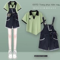 Bộ trang phục mùa hè2024Mẫu Mới polo Áo Cổ Áo Nữ Quần Yếm Denim Dễ Phối Tôn Dáng Gầy Bộ Hai Chiếc