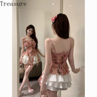 Bộ trang phục nữ hai dây in hoa bèo nhún váy ngắn mẫu Mới Mùa Hè Bộ hai chiếc áo hot girl tôn dáng gầy