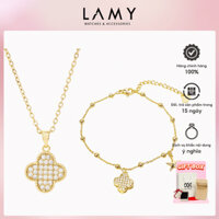 Bộ trang sức CDE Dây chuyền vòng tay bạc Lucky Four Leaf Gold CDE6385GG & CDE2241GG