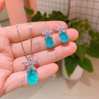 Bộ trang sức, mặt dây chuyền ruby, bông tai ruby máu bồ câu, dây chuyền paraiba, bông tai ngọc lục bảo