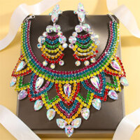 Bộ trang sức thả nước nóng xuyên biên giới với kim cương giả màu phóng đại, dây chuyền xương đòn, bông tai tua rua