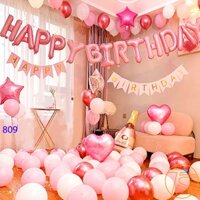 Bộ Trang Trí Sinh Nhật Bong Bóng Happy Birthday Hồng Kèm Ống Bơm Tay